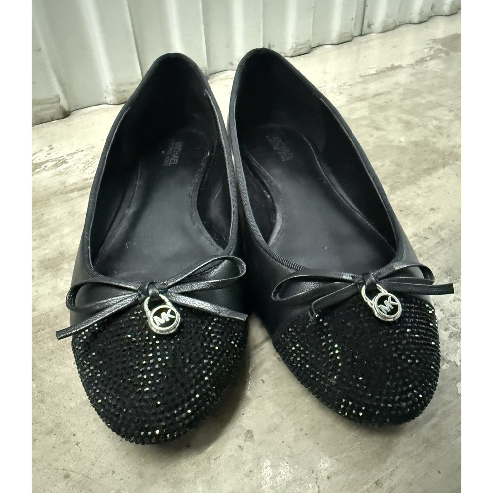 MICHAEL Michael Kors Women's Black Ballet Flats 7 Slip-On Bow Logo Rhinestone